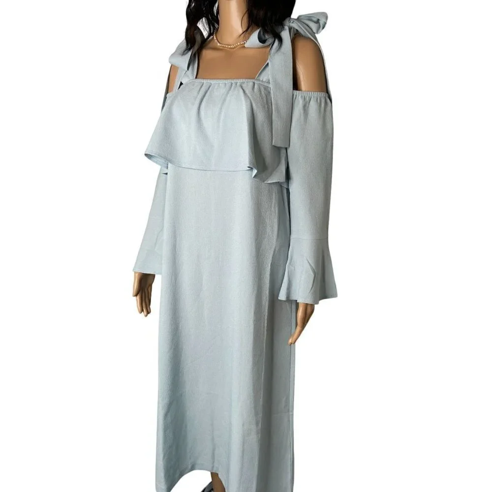 Ganni Clark Cold Shoulder Ruffle Midi Dress Sterling Blue Size 4